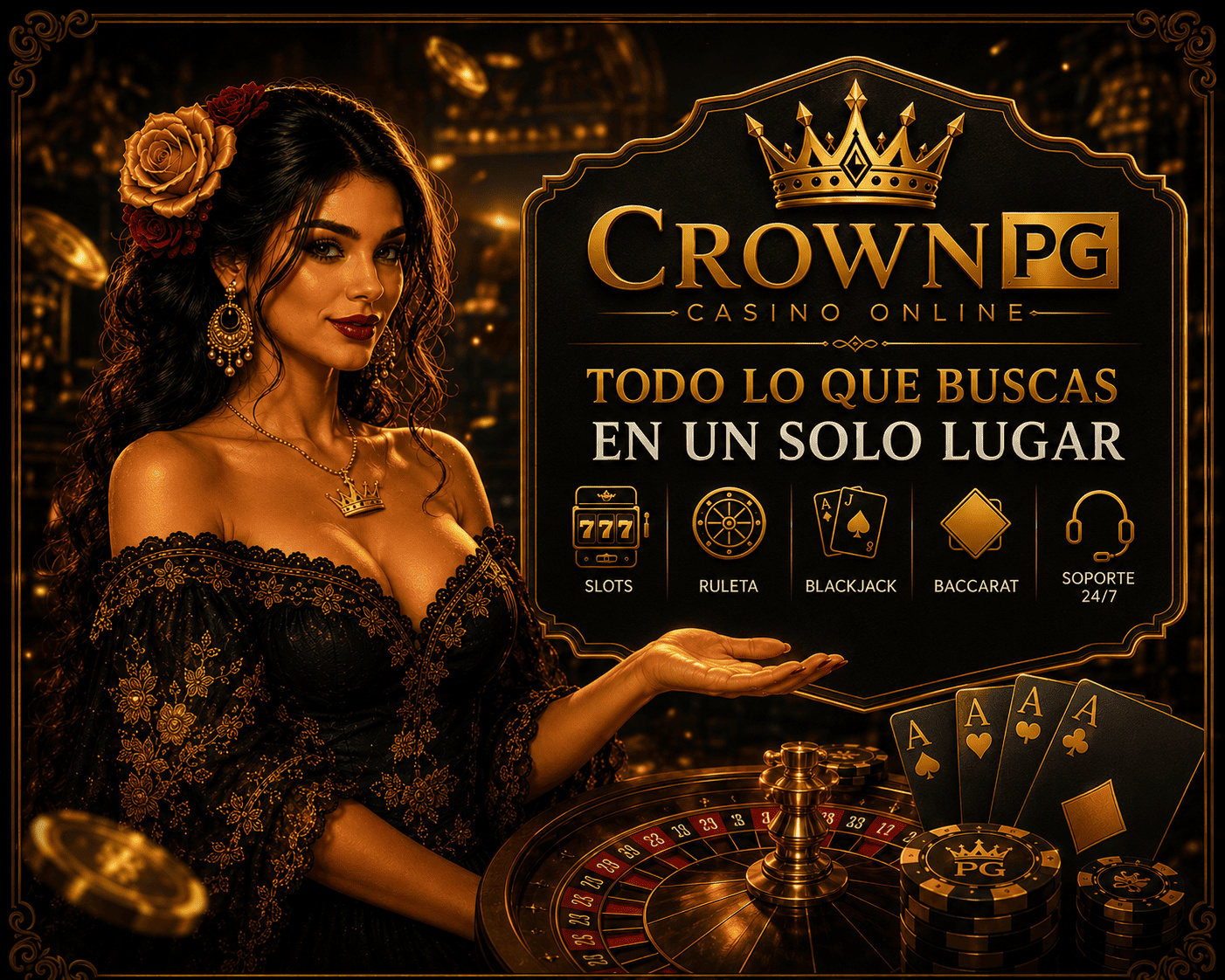 Resumen del casino de crownpg con rodillos, mesas de juego y navegacion del lobby