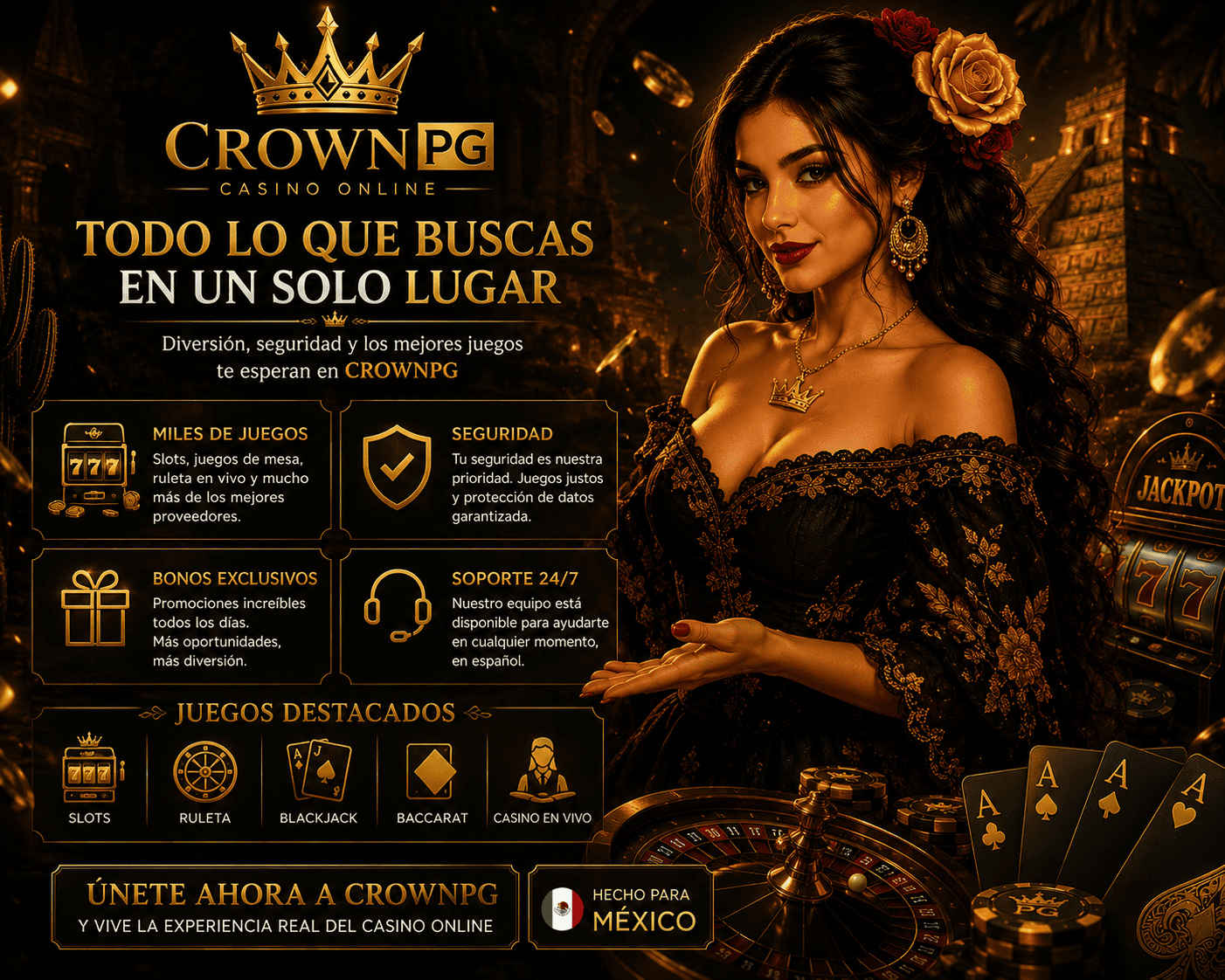 Resumen de juegos de crownpg con mesas en vivo, cartas, fichas y navegacion por categorias
